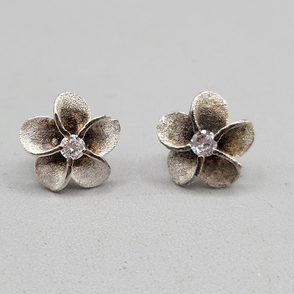 Floral Sterling Silver Stud Earrings Cubic Zirconia Center Marked 925